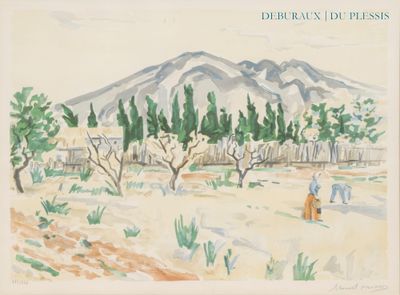 tableau représentant une scène désertique avec un homme et un cheval au premier plan et une montagne à l'arrière-plan