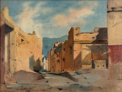 painting of a street in an old town with buildings and a horse