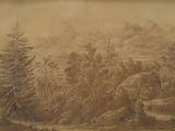 tableau représentant un paysage de montagne avec des arbres et une rivière au premier plan