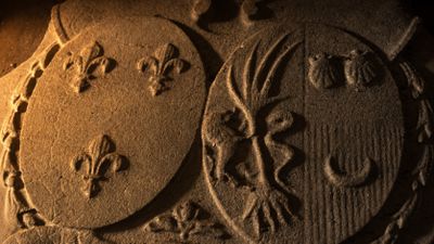 un gros plan sur la sculpture d'un bouclier sur un mur