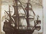 a picture of a ship in the water with a flag on it