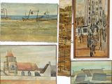 several paintings of a building, a church, a church, and a beach