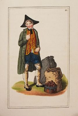 un dessin représentant un homme debout à côté d'un sac de fruits