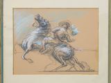 drawing of a man riding a horse with a dog on his back