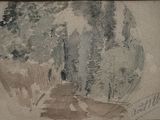 drawing of a landscape with a full moon in the background
