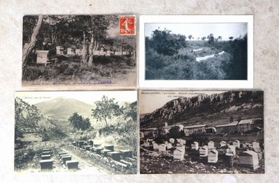 quatre cartes postales représentant d'anciennes photographies d'un cimetière et d'un cimetière