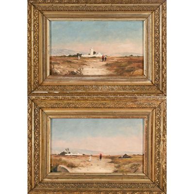 une paire de peintures à l'huile représentant une scène de vie à la ferme