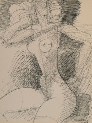 drawing of a woman in a hat with her hand on her head