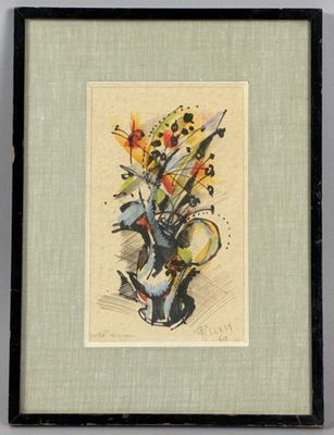 a picture of a painting of a vase with flowers in it