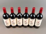 six bottles of red wine lined up in a row
