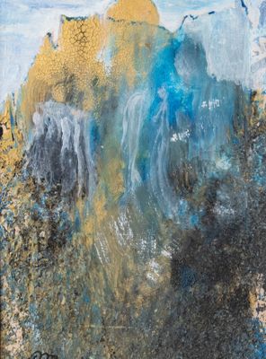 une peinture abstraite représentant une montagne, dans des tons de bleu et de jaune