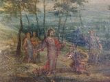 a painting of a group of people in a wooded area