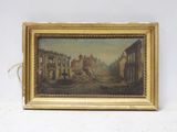 une vieille photo représentant une peinture d'une rue de ville avec des bâtiments en arrière-plan