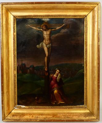 tableau représentant Jésus sur la croix, avec une femme agenouillée à terre