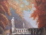 tableau représentant un homme sur un pont au milieu d'un parc