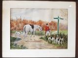 painting of a man with a horse and hounds on a country road