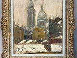 an oil painting of a cityscape with a church in the background