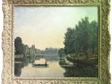 un tableau représentant un homme dans un bateau sur un lac