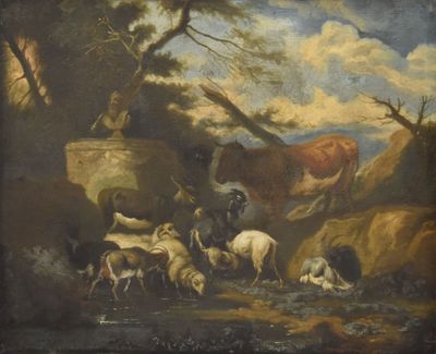 tableau représentant un groupe d'animaux dans un paysage boisé, avec un homme à cheval