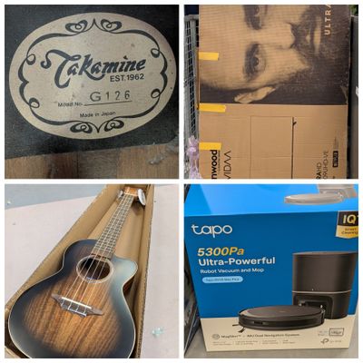quatre images différentes représentant une guitare et d'autres instruments de musique dans des boîtes