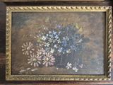 an old painting of flowers in a vase on a wooden table