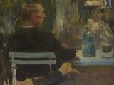 une peinture représentant un homme et une femme assis à une table