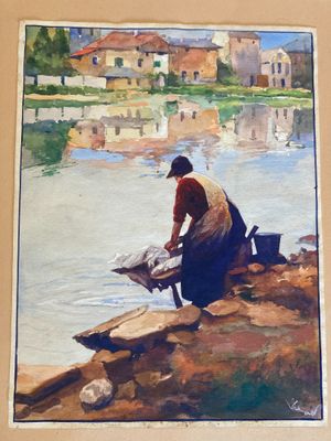 a painting of a man sitting on a rock by the water