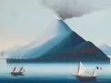 tableau représentant des bateaux sur un plan d'eau, avec une montagne en arrière-plan
