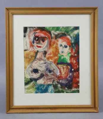 an image of a painting of a group of clowns in a gold frame