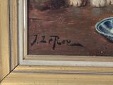 a painting of a cat sitting on a table next to a bowl of food