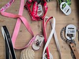 beaucoup de laisses et de colliers pour chiens posés sur une table