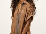 asos design oversized shirt dress with tie detail in camel