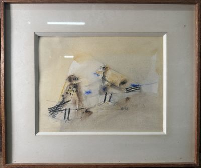 painting of a couple of birds sitting on top of a wooden table