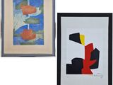 deux tableaux encadrés représentant des formes abstraites sur fond blanc