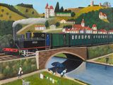 un tableau représentant un train traversant un pont