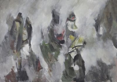 a painting of a group of people walking down the street