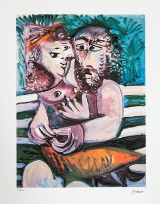une image d'un tableau représentant un homme et une femme assis sur un banc