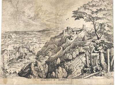 an old drawing of a castle on a rocky hill with a river in the foreground