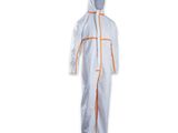 a man in a white coverall with orange trims and a hood