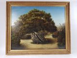 an oil painting of a tree in a field with a blue sky in the background