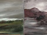painting of a landscape with a river and mountains in the background