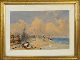 tableau représentant une scène de plage avec des personnes sur le sable et un bateau dans l'eau