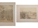 deux vieilles photographies en noir et blanc représentant des arbres et des bâtiments