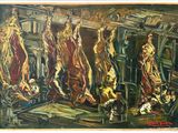 an oil painting of a butcher shop filled with meat hanging from the ceiling