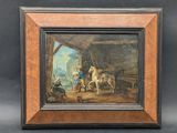 an old painting of a man and a woman in a stable with a horse