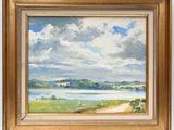 a painting of a landscape with a lake in the foreground