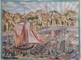 un tableau représentant un bateau sur l'eau près d'une ville