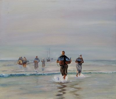 painting of a group of people walking on a beach with a boat in the background