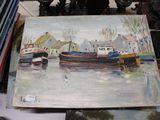 a painting of a boat on a table next to other items