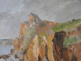 a painting of a boat on the water near a cliff